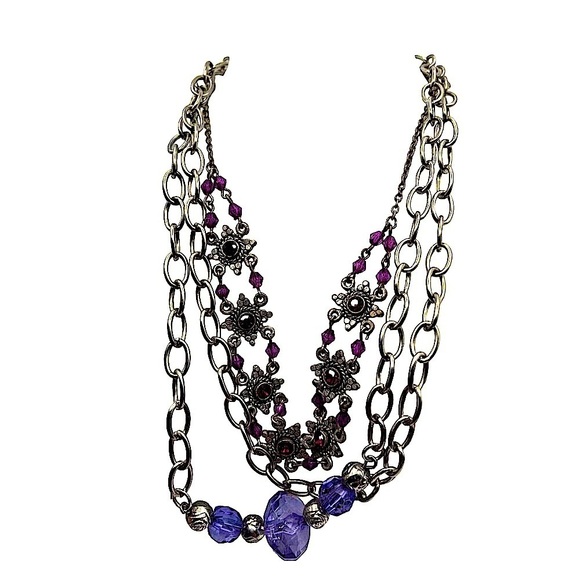 Vintage Layered Silver Chain & Purple Bead Necklace Bracelet Set N57 - Picture 4 of 9